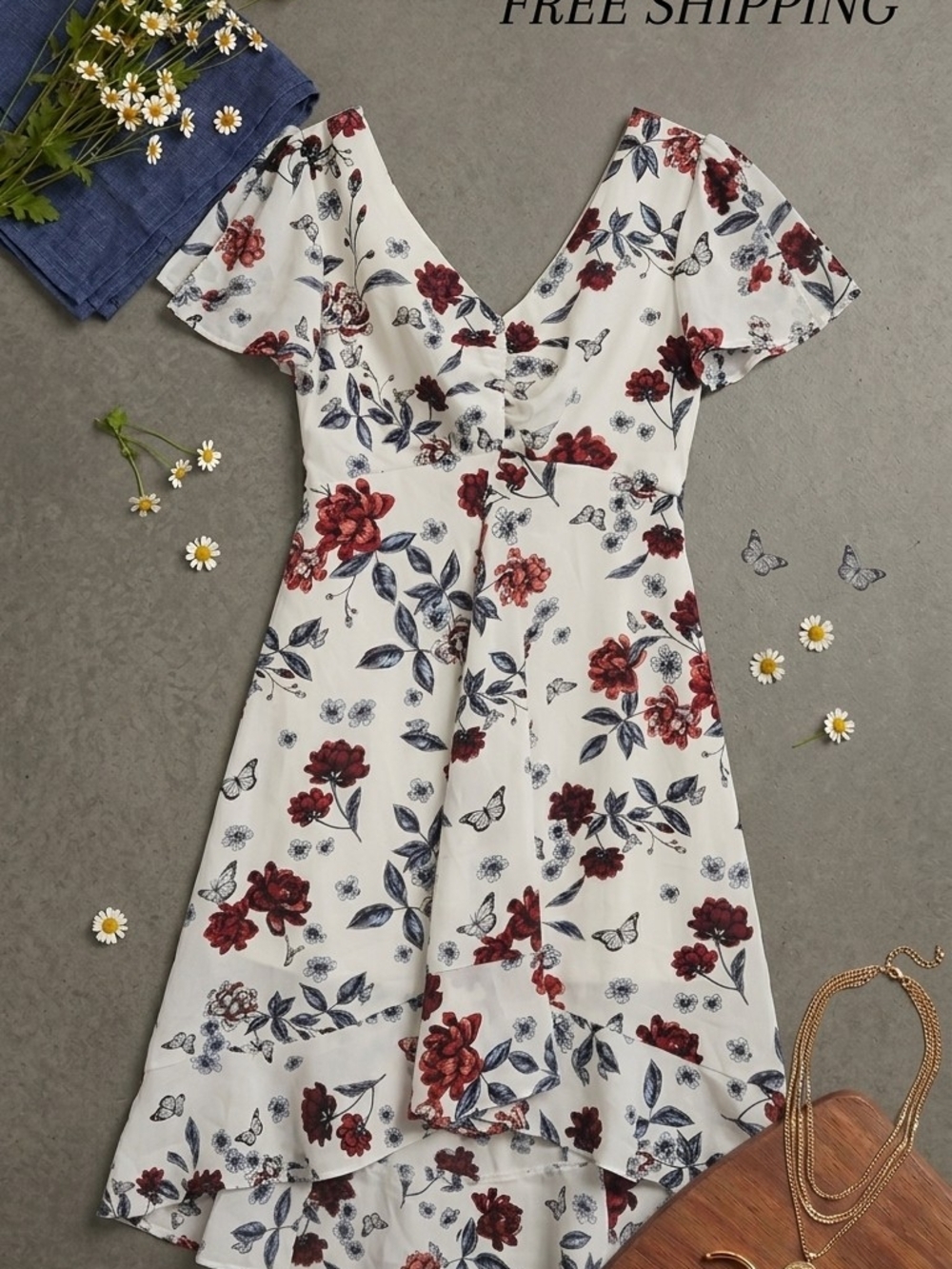 Candie's White High-Low Dress with Red Floral Print